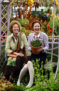 Rosemary Hardy and Geraldine Somerville with Osteospurmum 'in the pink'