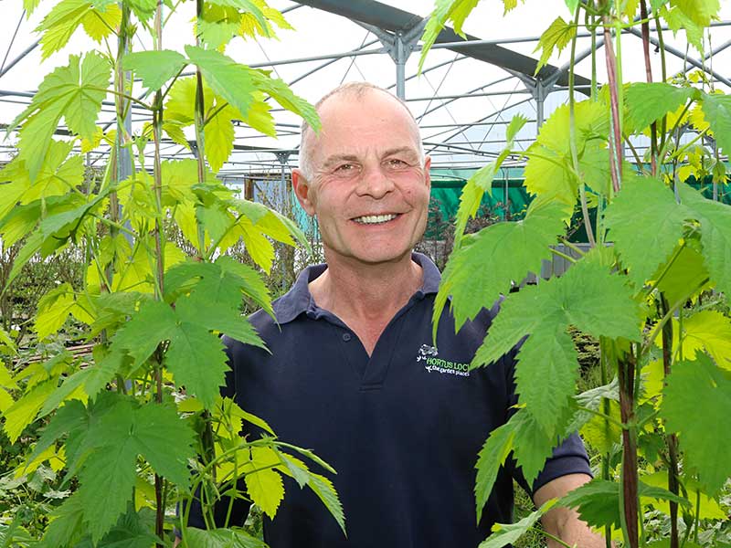 Mark Straver at Hortus Loci with hops grown for RHS Chelsea
